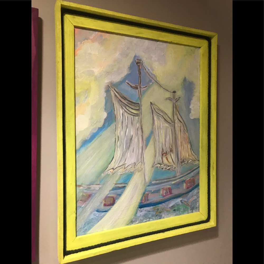 Orig acrylic painting wood framed nautical rope